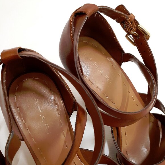 TAHARI Platform Heel Sandals with Cross Strap in Brown Tan Faux Leather - Picture 7 of 13